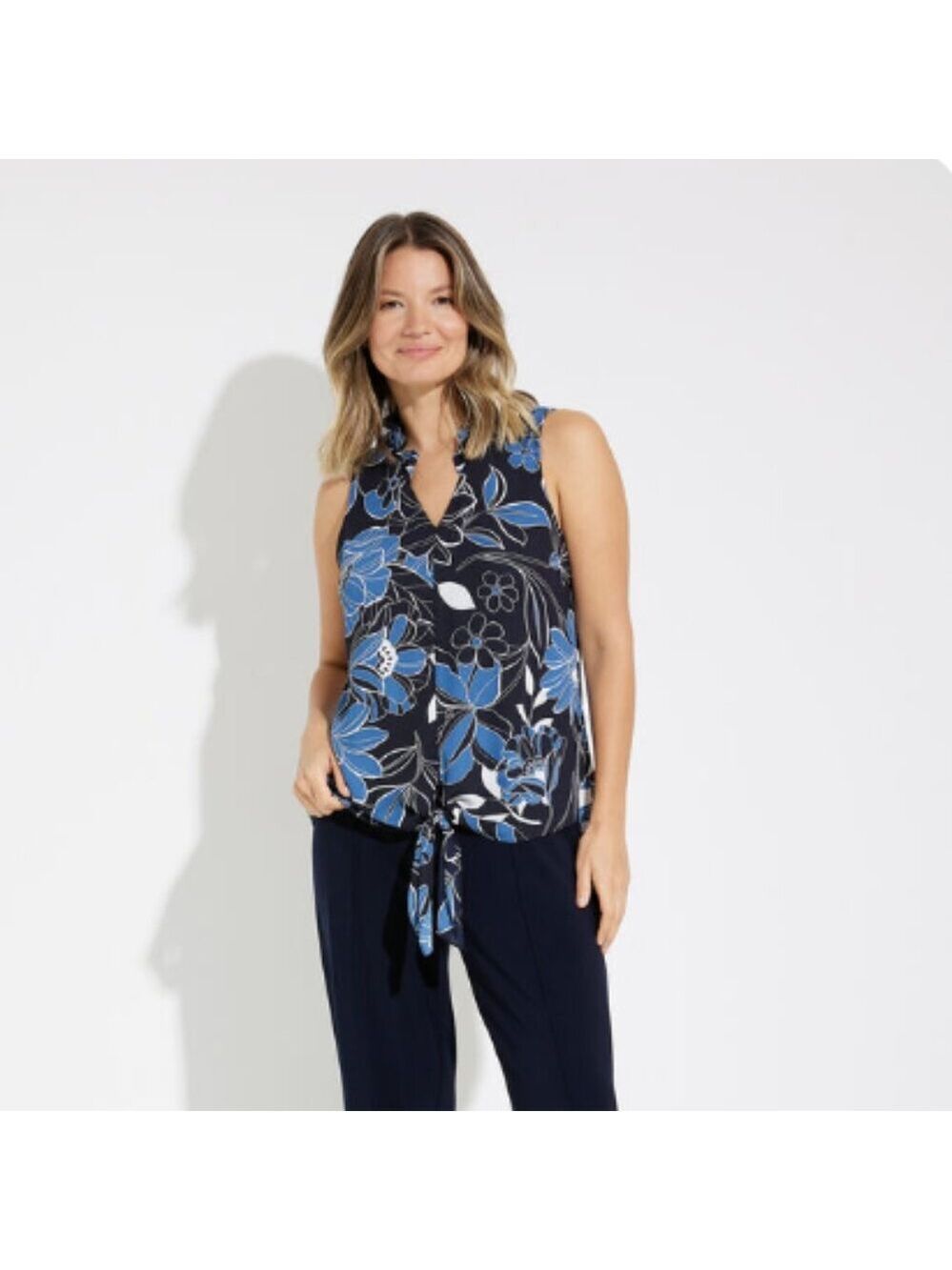 *Joseph Ribkoff Blouson Tie Waist Sleeveless Top | Size 6 | Midnight Flora